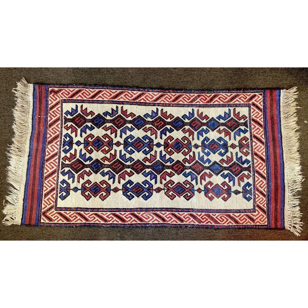 Vintage Afghan Flat weave Woven Wool Nomadic Rug Red Blue Geometric 55” x 29”‎